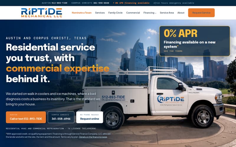 Riptide Mechanical, the live site, on a desktop screen