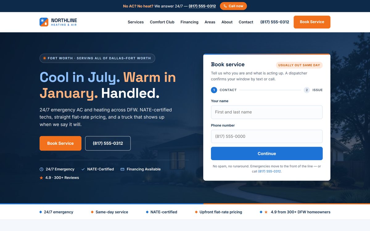 Northline Heating and Air, The Build direction, on a desktop screen