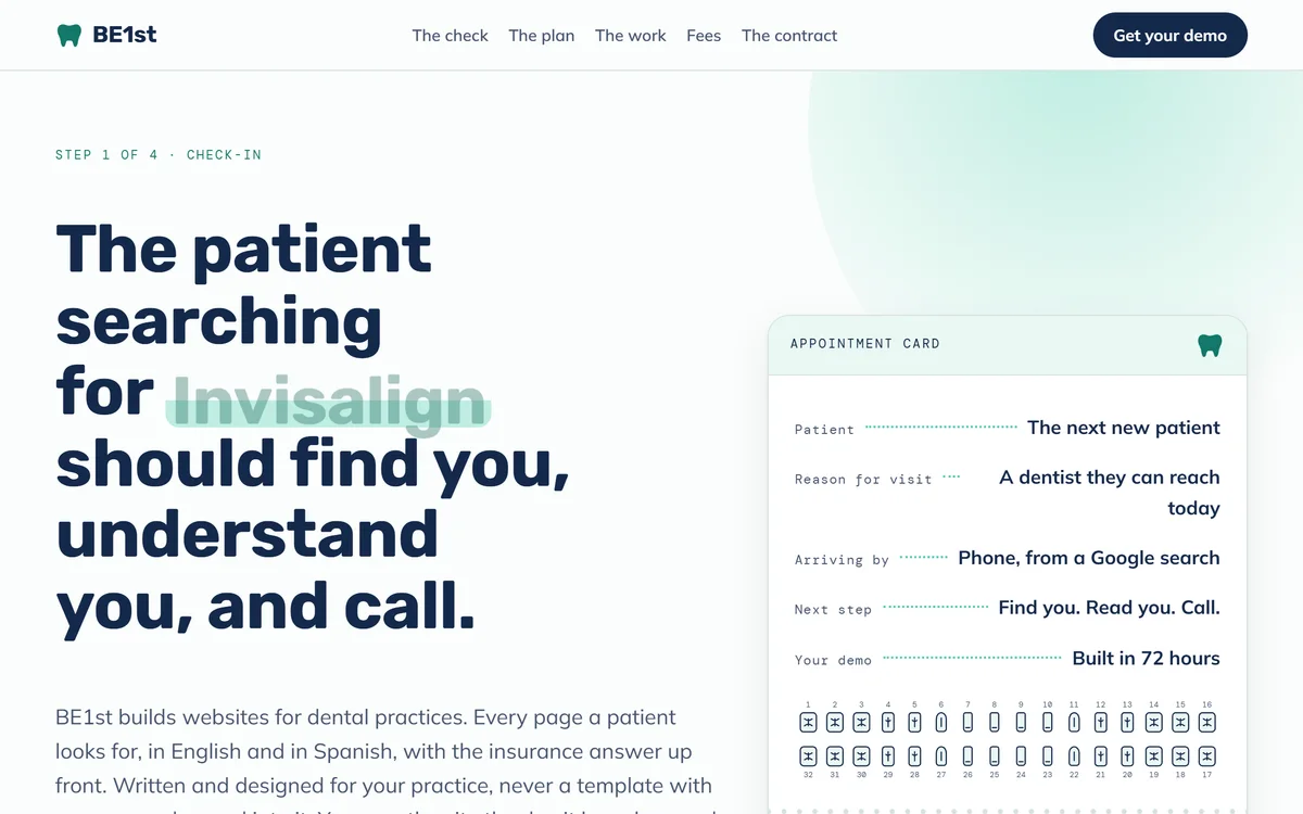 BE1st for dental practices, the landing page