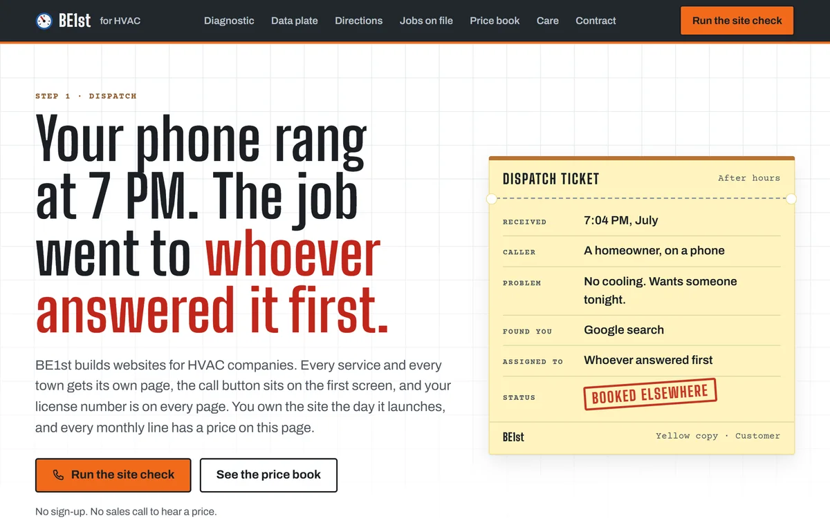 BE1st for hvac companies, the landing page
