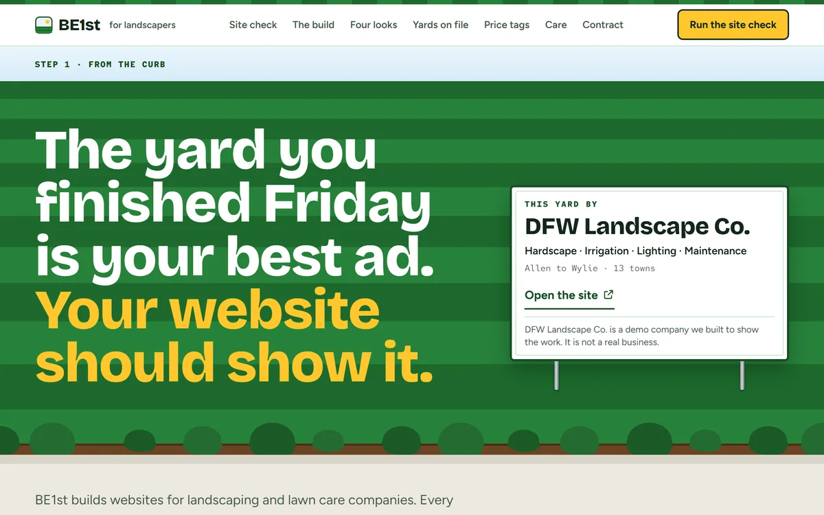 BE1st for landscaping and lawn care, the landing page