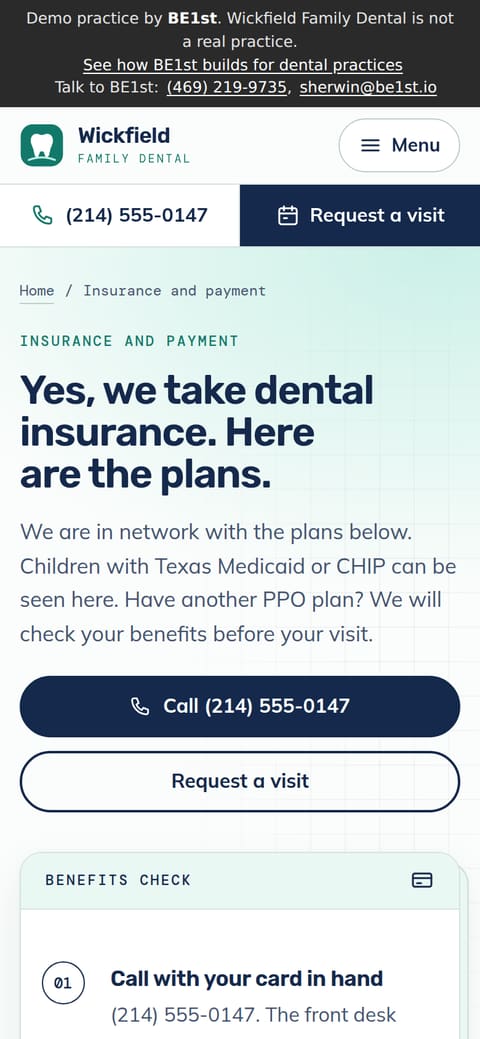The insurance page on a phone: yes, we take dental insurance, here are the plans, Medicaid and CHIP for children named on the first screen, and call and request buttons.