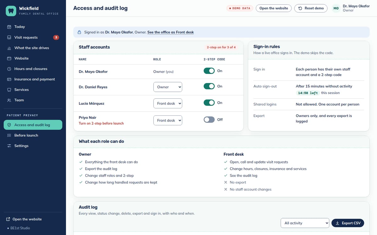 The office Access and audit log screen: staff accounts with roles and two-step codes, sign-in rules, what the owner and the front desk can each do, and the audit log.