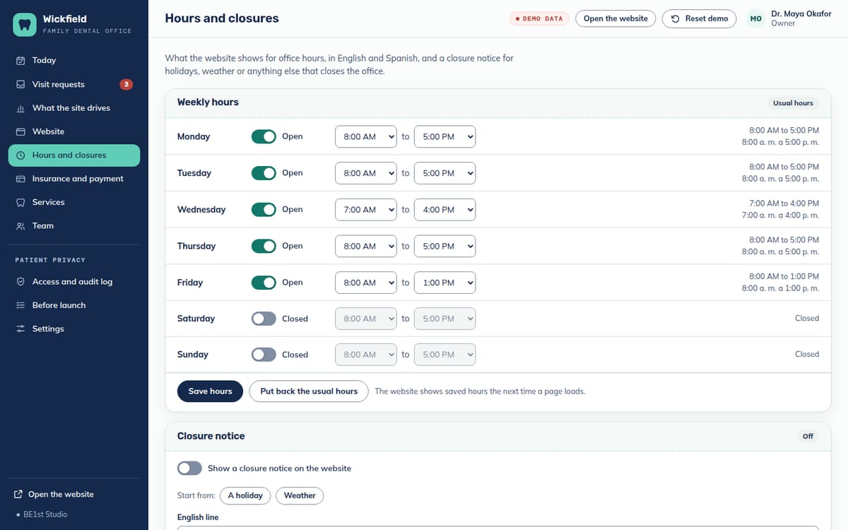 The office Hours and closures screen: open or closed switches and times for each day of the week, and a closure notice for a holiday or weather.