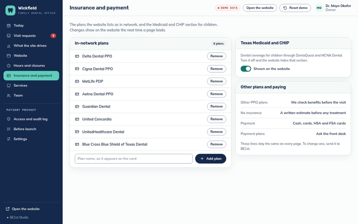 The office Insurance and payment screen: the in-network plans the website lists with a remove button for each, a switch for the Texas Medicaid and CHIP section, and other plans and ways to pay.