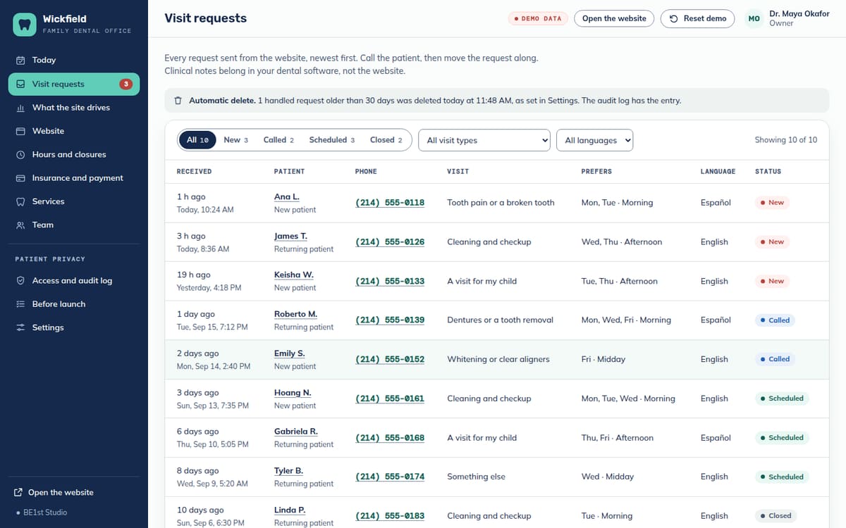 The office Visit requests screen: a table of requests showing when each arrived, the patient, phone, kind of visit, preferred days, language and status, with filters by status, visit type and language.