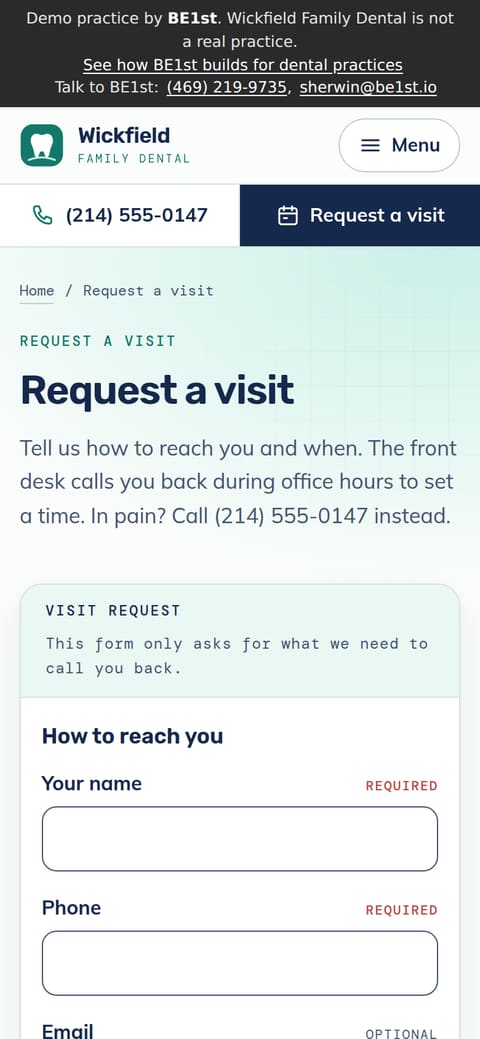 The visit request form on a phone: fields for name, phone and optional email, then what the visit is for, chosen from a short list.